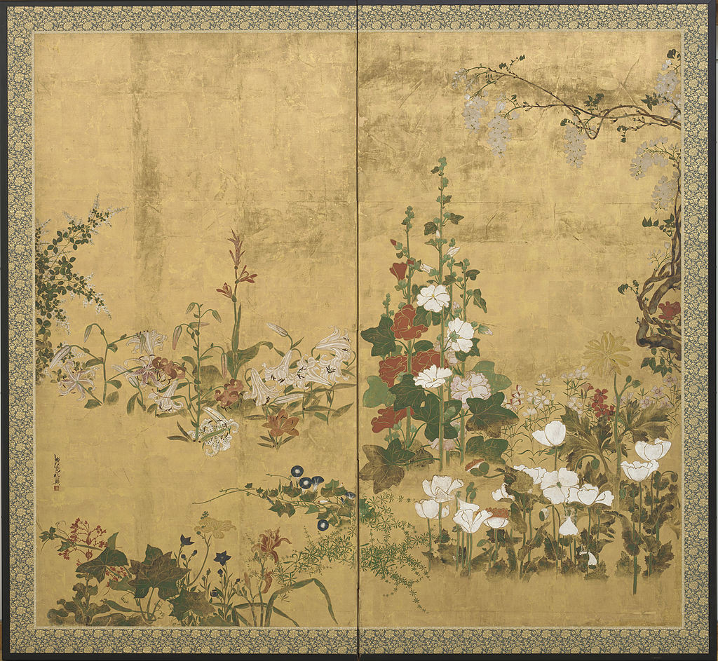 タチアオイを主題に描いた『草花図屏風』（渡辺始興、18世紀前半）